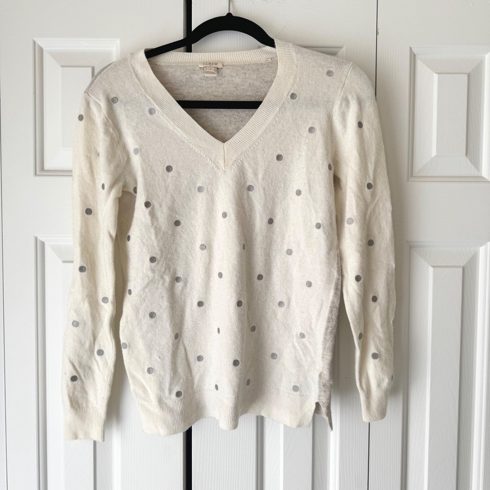 J.Crew Womens V-Neck Sweater Small Cream Grey Polka Dot Colorblock Knit Top